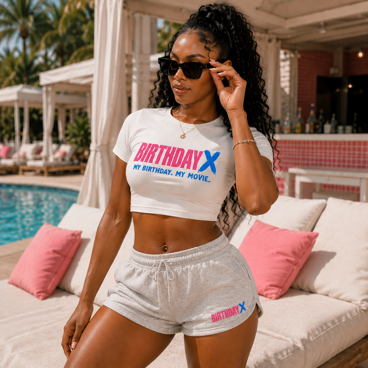Woman in sunglasses wearing a Birthday X cropped birthday tee beside a pool